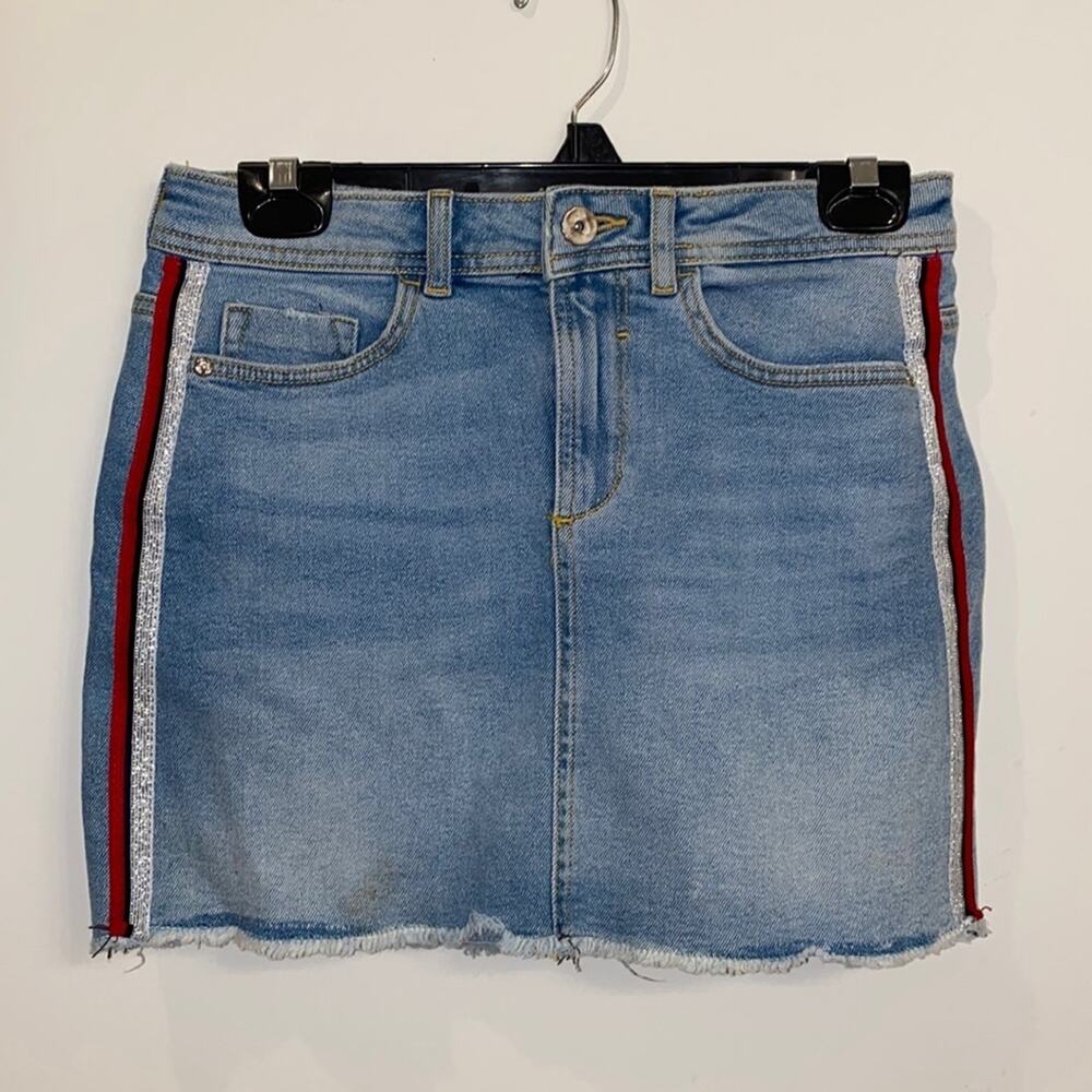 Zara Distressed Denim Racing Stripe Mini Skirt Size Small